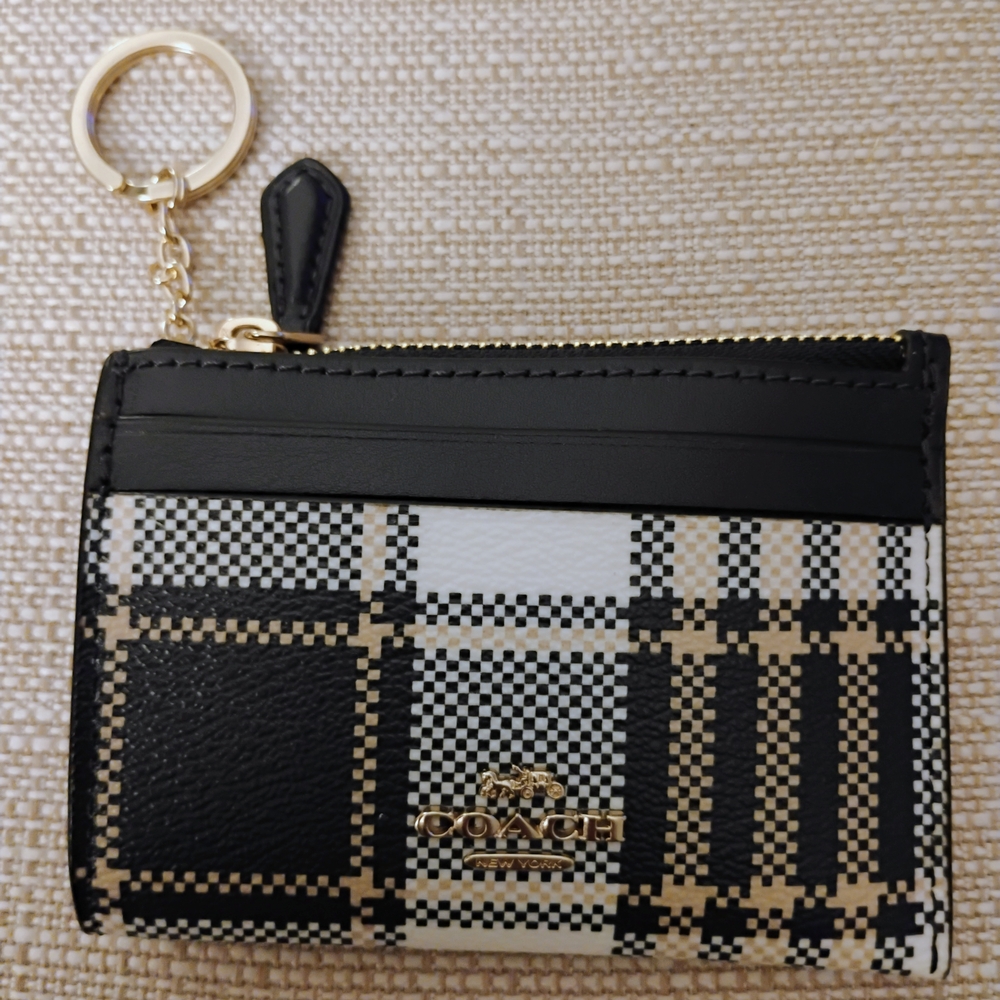 Coach Black and White Plaid Keychain Wallet